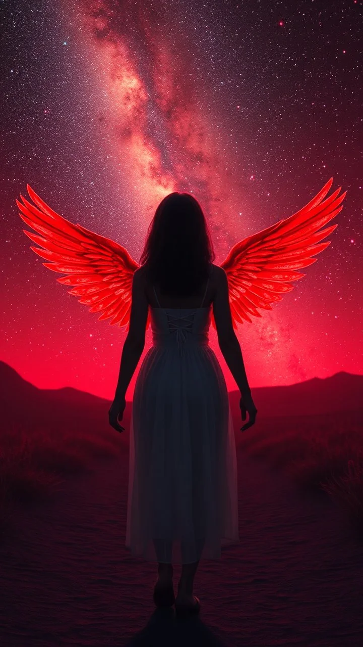 A beautiful girl walking with an alien both their hands on both shoulders from rear view , they are walking toward a an Angel with red wings that appears ilanding in a distance ,in romantic themes in the background is a vivid red sky stars and milky way galaxy and the lighting creates a dramatic and otherworldly atmosphere