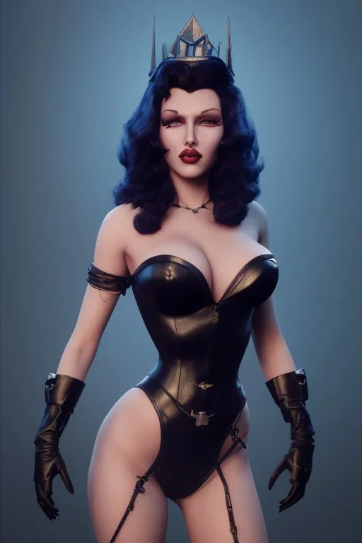 Rita Hayworth as evil queen in black leather, busty, cleavage, curvy, angry, stern look. character design by cory loftis, fenghua zhong, ryohei hase, ismail inceoglu and ruan jia. unreal engine 5, artistic lighting, highly detailed, photorealistic, fantasy