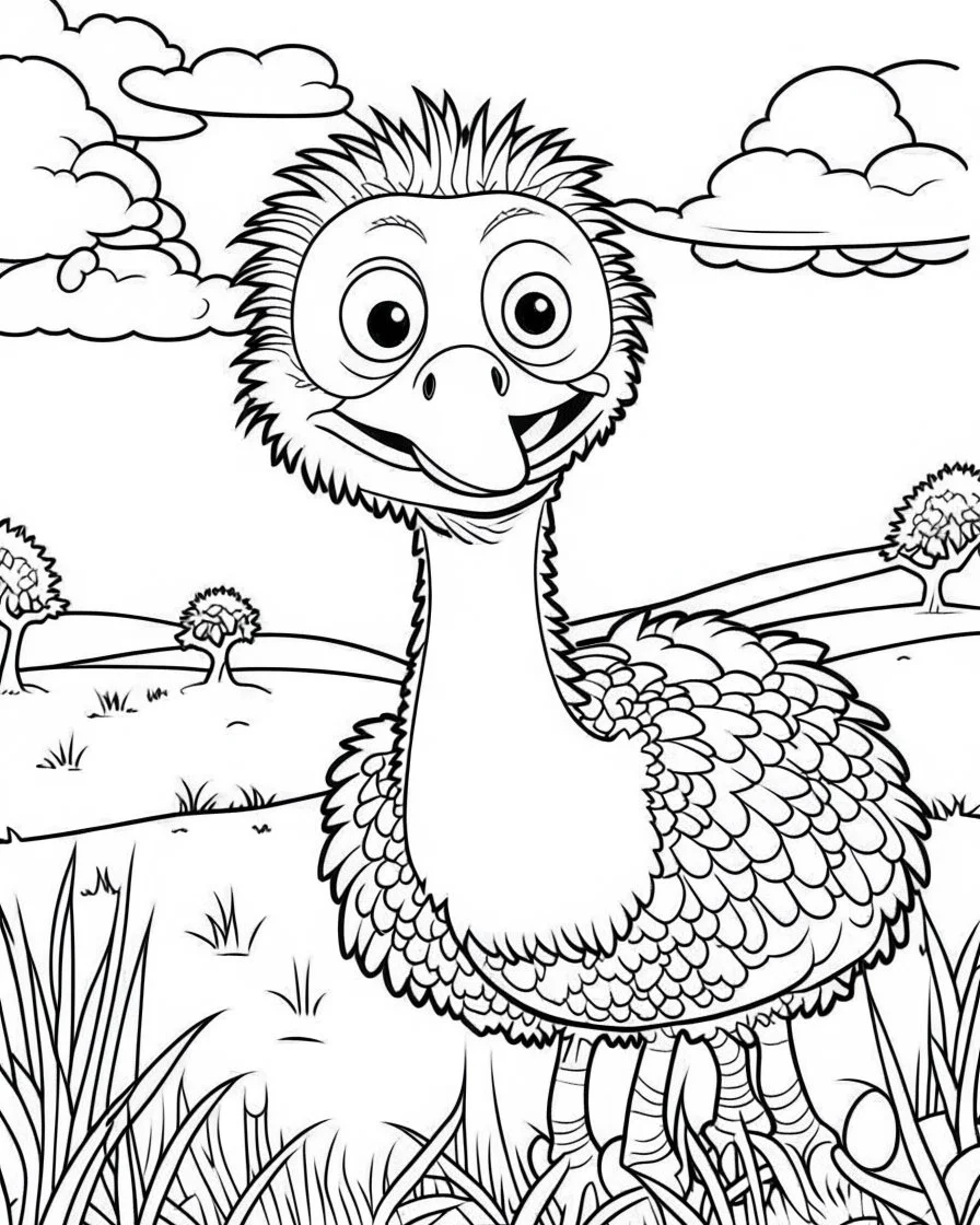 create a 2d black outline, "safari smiling cartoon Ostriche coloring book for toddlers", coloring page, low details design, black contour, coloring page design, simple background, colorful , card style, coloring page for kids, white background, sketch style, safari landscape, cartoon style