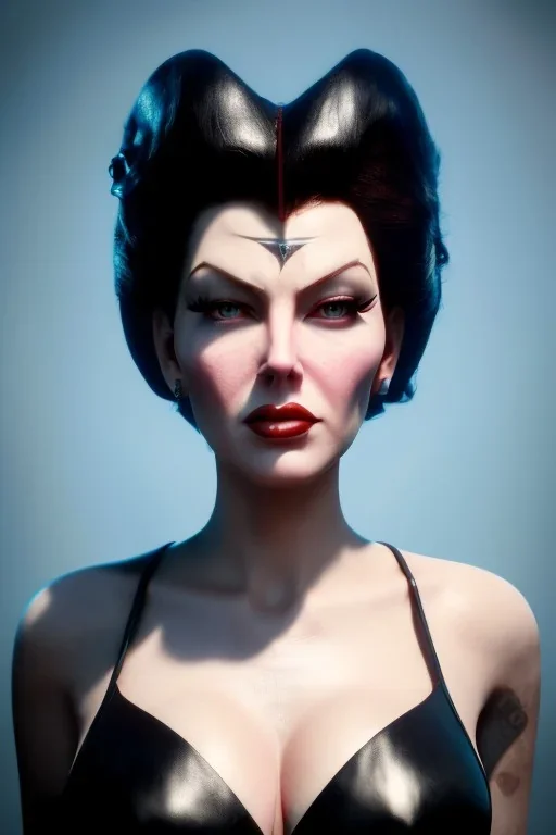 Lana Turner as evil queen in black leather, leather, busty, cleavage, angry, stern look. character design by cory loftis, fenghua zhong, ryohei hase, ismail inceoglu and ruan jia. unreal engine 5, artistic lighting, highly detailed, photorealistic, fantasy