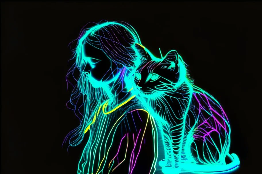 black background, outlines of a holographic contented girl with a cat drawn from thin neon-coloured glowing lines