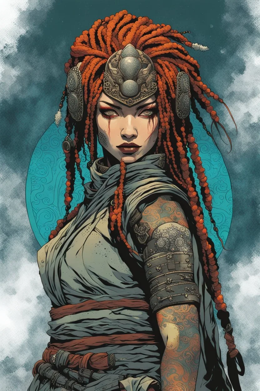 front facing portrait illustration of a grunge armored female , beaded dreadlock hair, vampire mercenary wearing an ancient ornate japanese kitsune mask , and shemagh, highly detailed with gritty post apocalyptic textures, caught in a cosmic maelstrom of swirling gases , finely detailed facial features and hair, in the graphic novel style of Bill Sienkiewicz, and Jean Giraud Moebius, ink wash and watercolor with realistic light and shadow