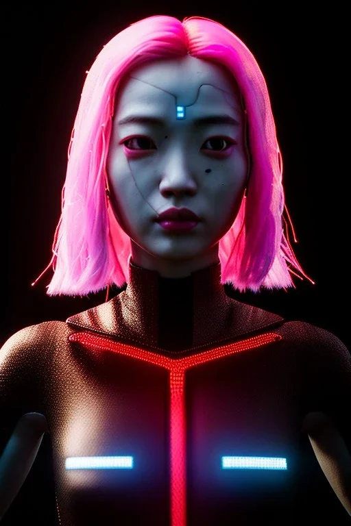 Medium shot body portrait, Asian cyborg woman :: symmetry photography, cyberpunk, pink hair, makeup, long line eye, light iris, :: latex coat, wires and circuits, pink, white, black :: cinematic, Ultra realistic, dark scene, soft color, highly detailed, unreal engine 5, RTX, ultra detail, 3d, finely drawn, high definition.