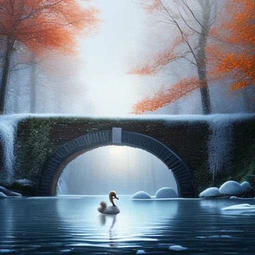 fantasy art, book cover, close up of cute duckling under a bridge , old mill wheel ,icy autumn water, icy frame