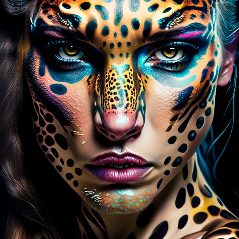 candy leopard, portrayed with the intricate facial features and extremely detailed pupils characteristic of Stefan Gesell's style, blended with the elongated forms and dramatic chiaroscuro reminiscent of El Greco, conveyed through a light painting technique with push processing, incorporating holographic elements for a dreamy, vibrant effect, soft skin texture, clarity achieved, supporting a perfect composition, cinematic atmosphere, delicate detail