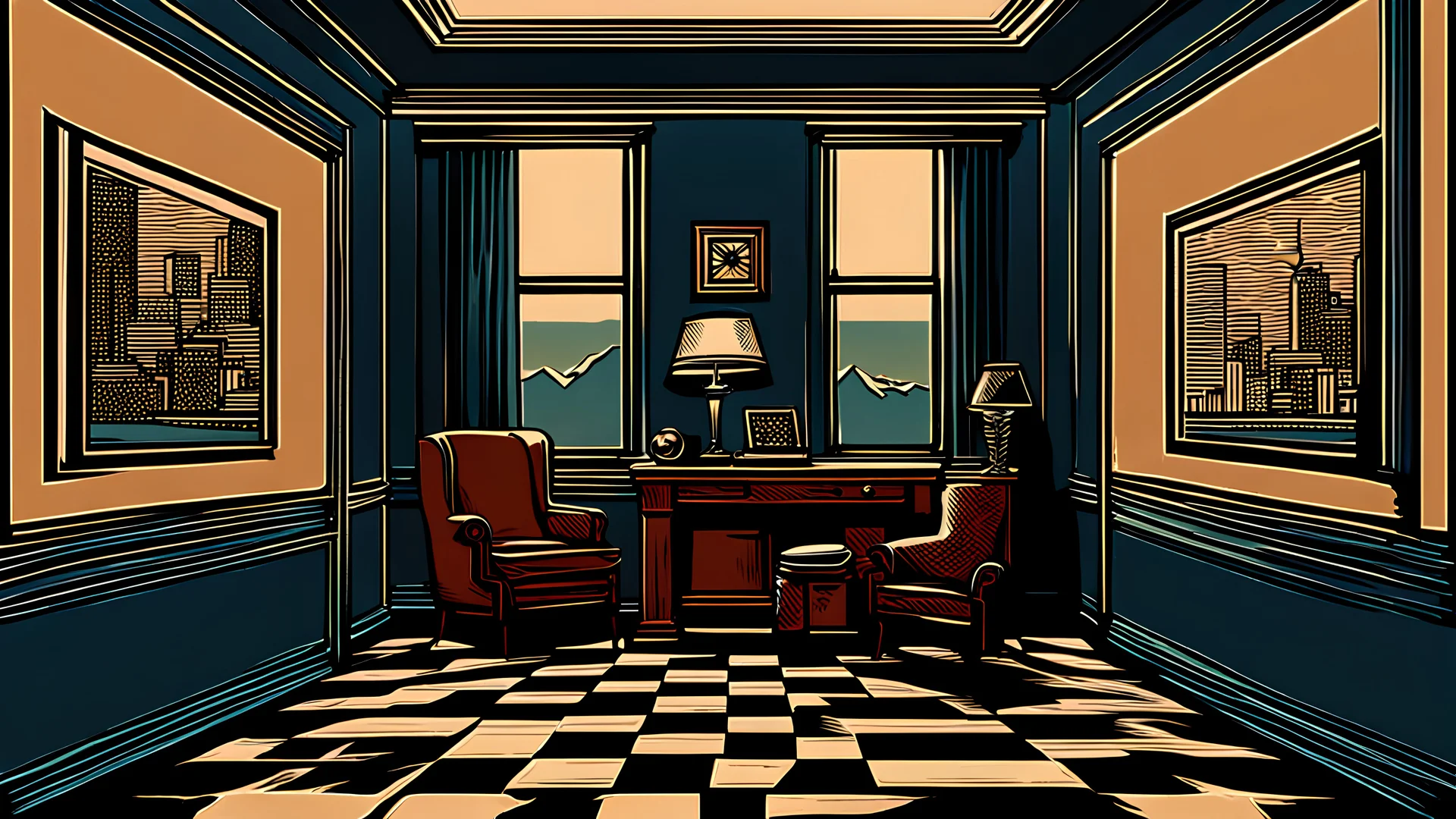 a dimly lit room in the illustration medium and in the style of comic book which inspired by works of James Montgomery Flagg, and blue color scheme and the view is front view in the era of ancient