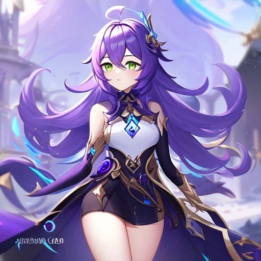 Clear focus,High resolution,Beatiful Lighting, purple long fluffy hair, long fluffy bangs, green eyes, custom genshin oc, must be wearing a short skirt, genshin impact name card, color pallete purple (XII)-cyber grape-rose vale