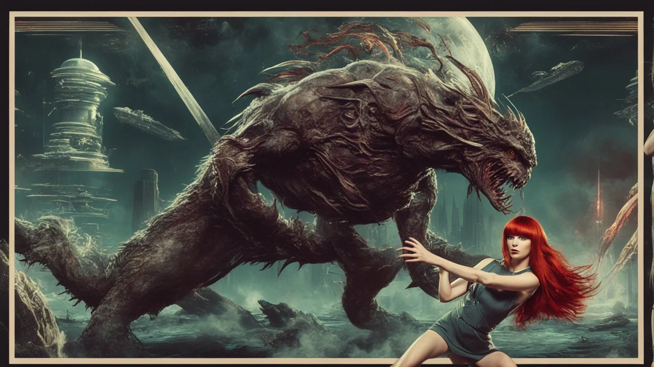 Full-body retro photo of a woman with straight red hair and a Fringe, in a fight with a monster, wrapped in tenacles, in an action pose, sci-fi Background