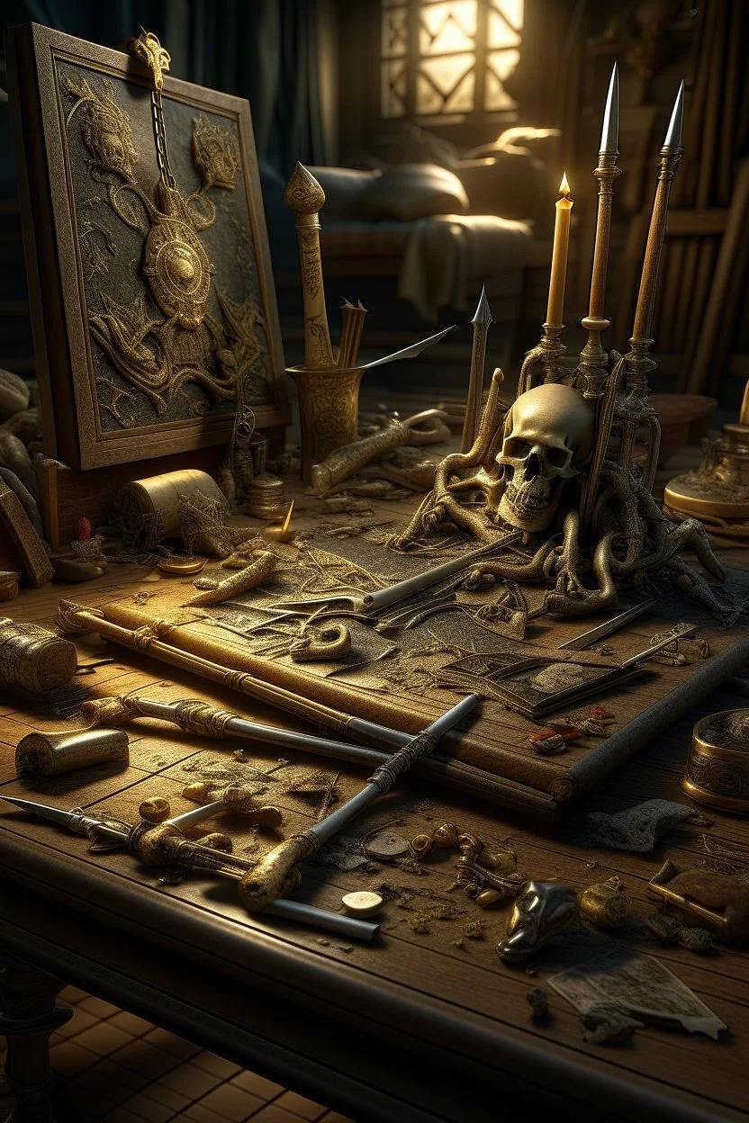 Bosch nightmares painting style treasure ,knives’ ,pirate’s guns, human bones, intricate insanely , ,detailed octane render trending on artstation, 8k artistic photography, photorealistic concept art, soft natural volumetric cinematic perfect light, chiaroscuro, award-winning photograph, masterpiece, oil on canvas, Raphael, Caravaggio, Greg Rutkowski, people, beksinski, Giger