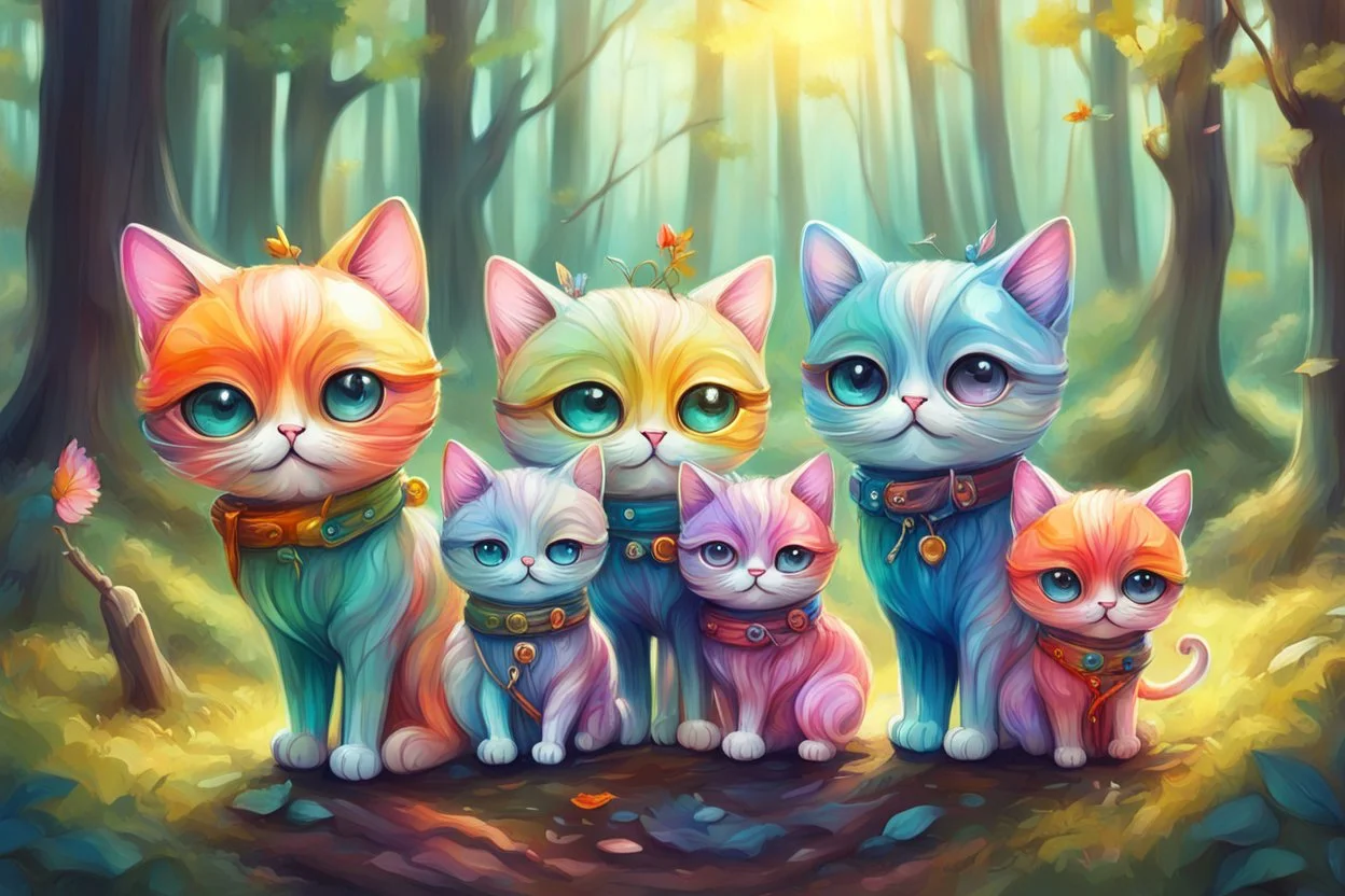 Cute chibi colourful Glass cat family on an excursion in the forest, may pole in style of Mariya Markina, digital painting; fantasy; very attractive; beautiful; high detail; cinematic postprocessing; acrylic art in sunshine