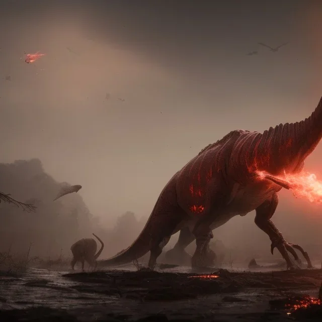 huge Giant dinosaurs being killed by fire wind, ripping flesh off them, swamp, small animals flying in air