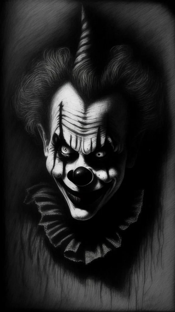 pencil drawing of clown, Spooky, scary, halloween, black paper