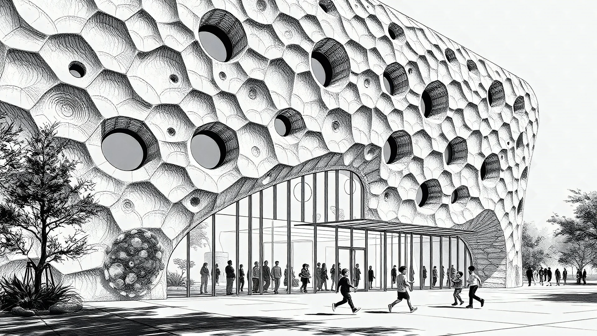 Museo de ciencias naturales cuya fachada es una piel escamosa que respira mediante aberturas pulsantes, niños corriendo frente a la entrada, render en blanco y negro con texturas de pluma y tinta.