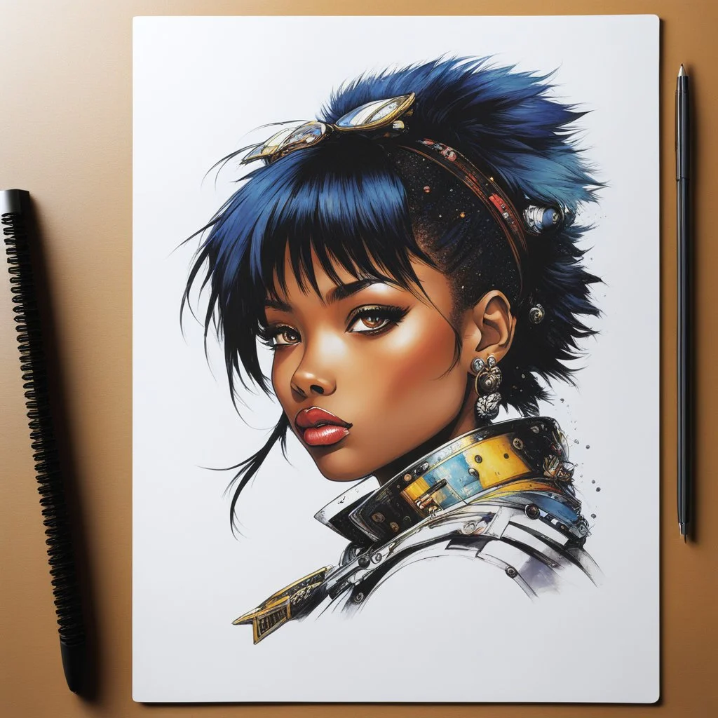 Masamune Shirow style African Kawaii an oversized spiral notebook page