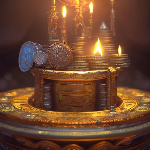 dynamic lighting, Intricately detailed, Splash screen art, deep color, Unreal Engine, volumetric lighting, silver coins, pile of coins, pirate treasure, stacked coins, indoors, candle, altar,