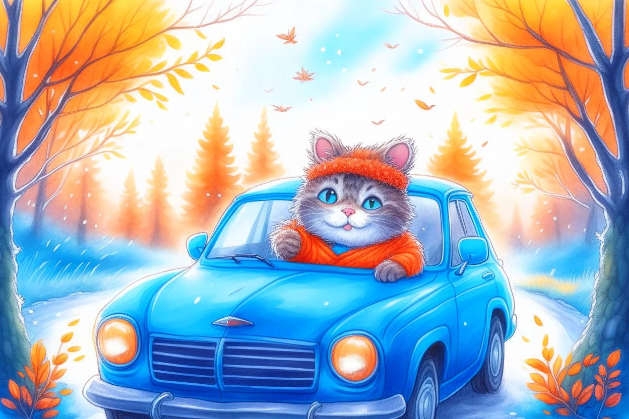 Cute little happy cat scarecrow riding a luxury car, forest path background, winter, snowflakes swirling, waterfall, reflection, mist, sunrise, smooth intricate photorealistic hyperrealistic high definition beautiful lighting pencil sketch watercolor dramatic lighting storybook illustration polished Deep shadows deep color warm light shiny glitters
