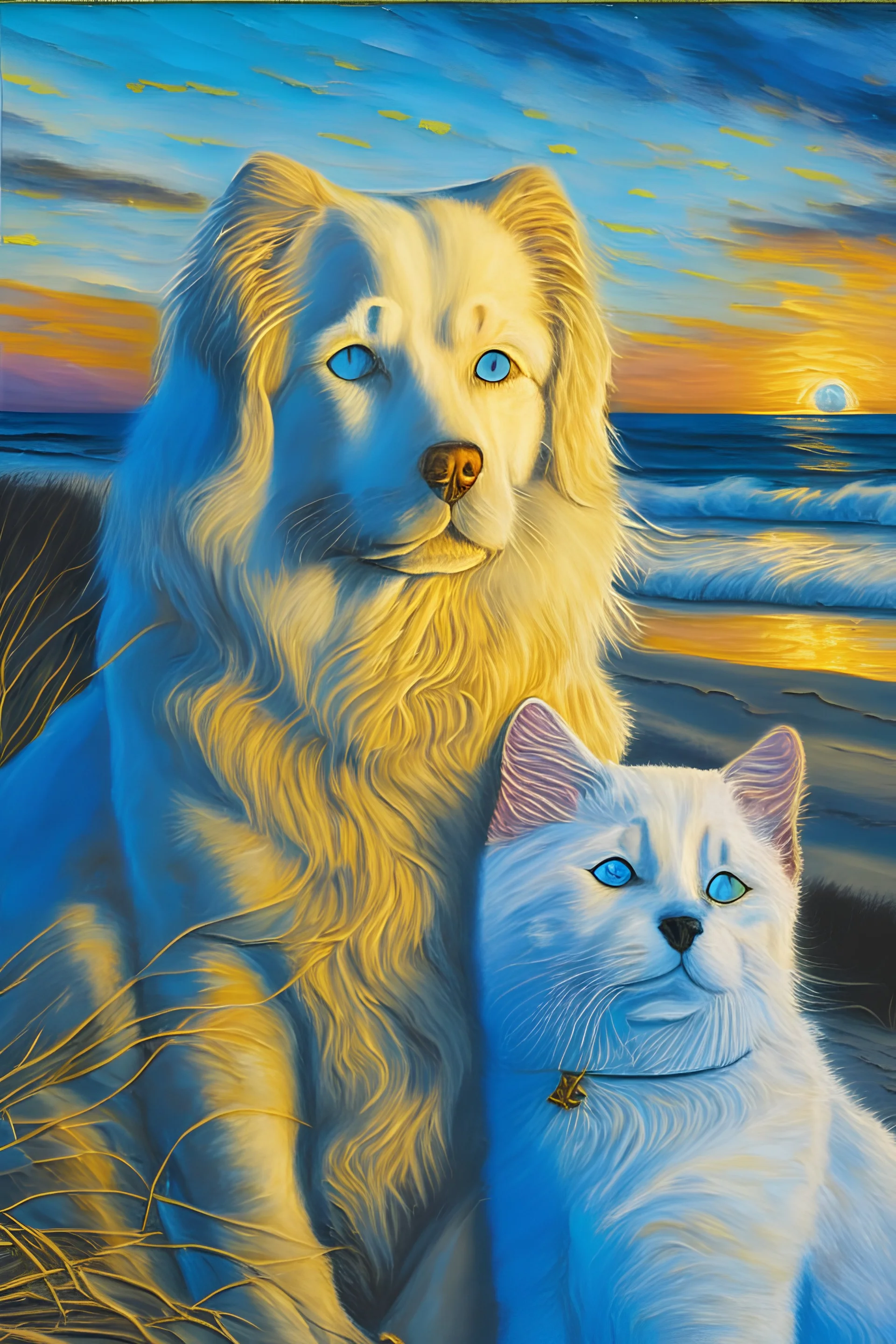 portrait of a happy, fluffy, dark brown eyes, golden retriever and his best friend, a white cat with short hair and natural colors and blue eyes at the beach during sunset in the style of a van Gogh painting