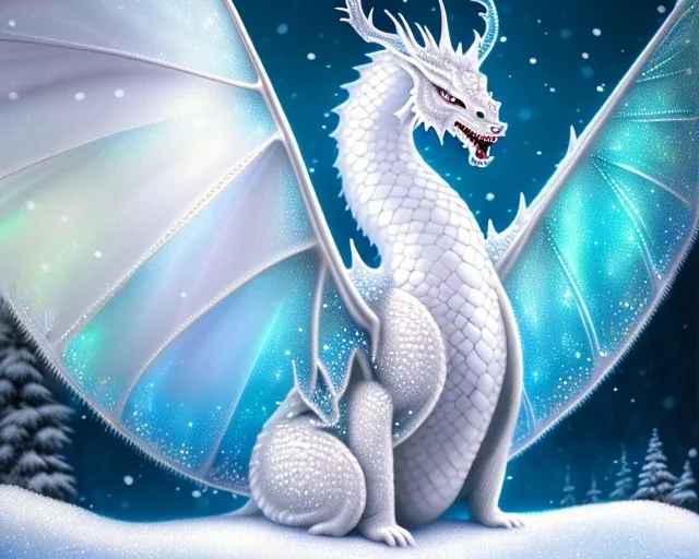 mdjrny-v4 style, a white dragon with fairy-like transparent glowing and sparkly wings standing in snow, full body, silver and teal background, glowing soft and smooth wings, realistic, highly detailed intricately detailed, shiny snowy background, soft studio lighting, trending on artstation, by artist "Julie Bell", by artist "Greg Rutkowski"