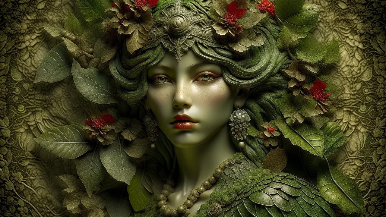 beautiful Forest fairy lady portrait, adorned with textured leaves and botanical floral palimpsest art nouveau floral ribbed and berry ribbed armour in the embossed woods background , wearing forest floral and leaves fairy art nouveau mineral stone headdress, organic bio spinal ribbed detail of full art nouveau floral backgreong extremely detailed hyperrealistic concept art