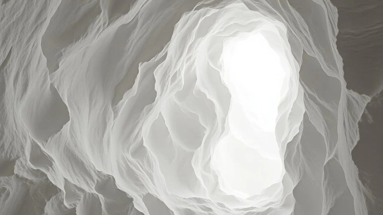 Masa blanca perforada por huecos irregulares, la luz entrando como un corte suave, el interior respirando una penumbra ritual que parece contener un eco remoto; white mass pierced by irregular voids, light entering as a soft incision, the interior breathing a ritual half-light holding a distant echo.