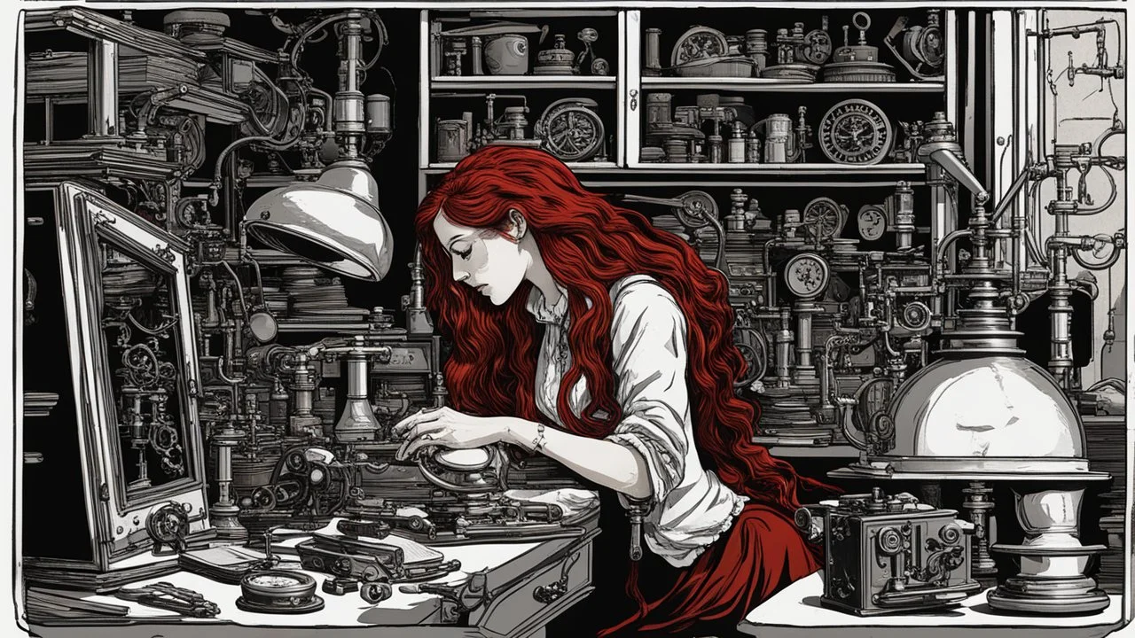 Victorian red long hair woman leaning over a desk, working on a tiny clockwork machine, while looking through a magnifying glass, in a dark laboratory, full of devices and machines