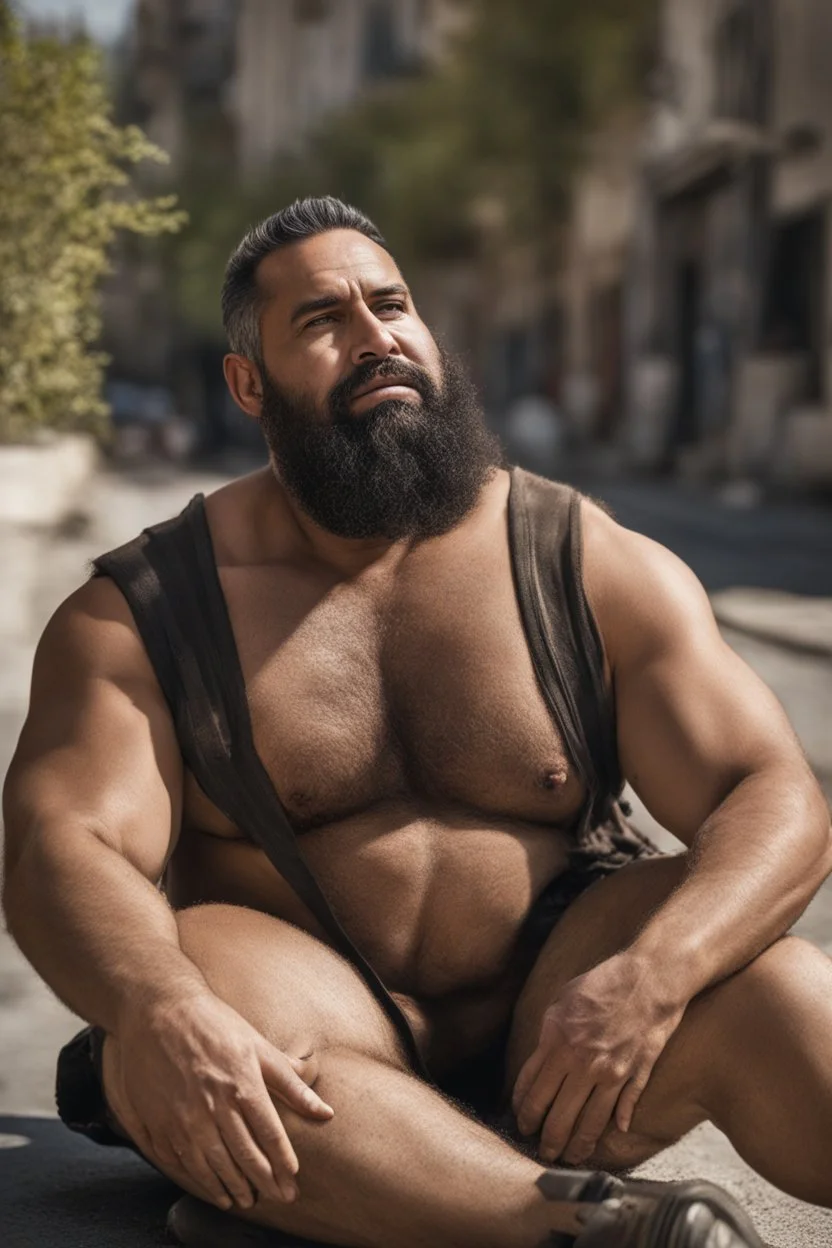 masculine muscular chubby burly mature arab man sunbathing, sitted on an empty street, 35 years old, ripped dirty tank top, bullneck, hands behind the neck, ripped dirty shorts, manly chest, very hairy, short beard, big shoulders, relaxed, photorealistic, well defined facial features, half figure photography, view angle from the ground