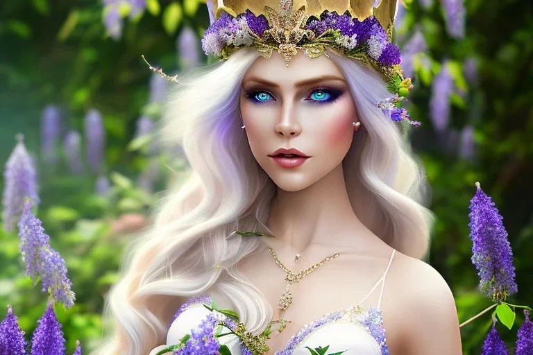 Fantasy cute elf with transparent wings, smiling, make up, long blond platinum hair, blue eyes, crown, beautiful dress, wisteria flowers and mushrooms in background, HQ, high key lighting, volumetric light high details