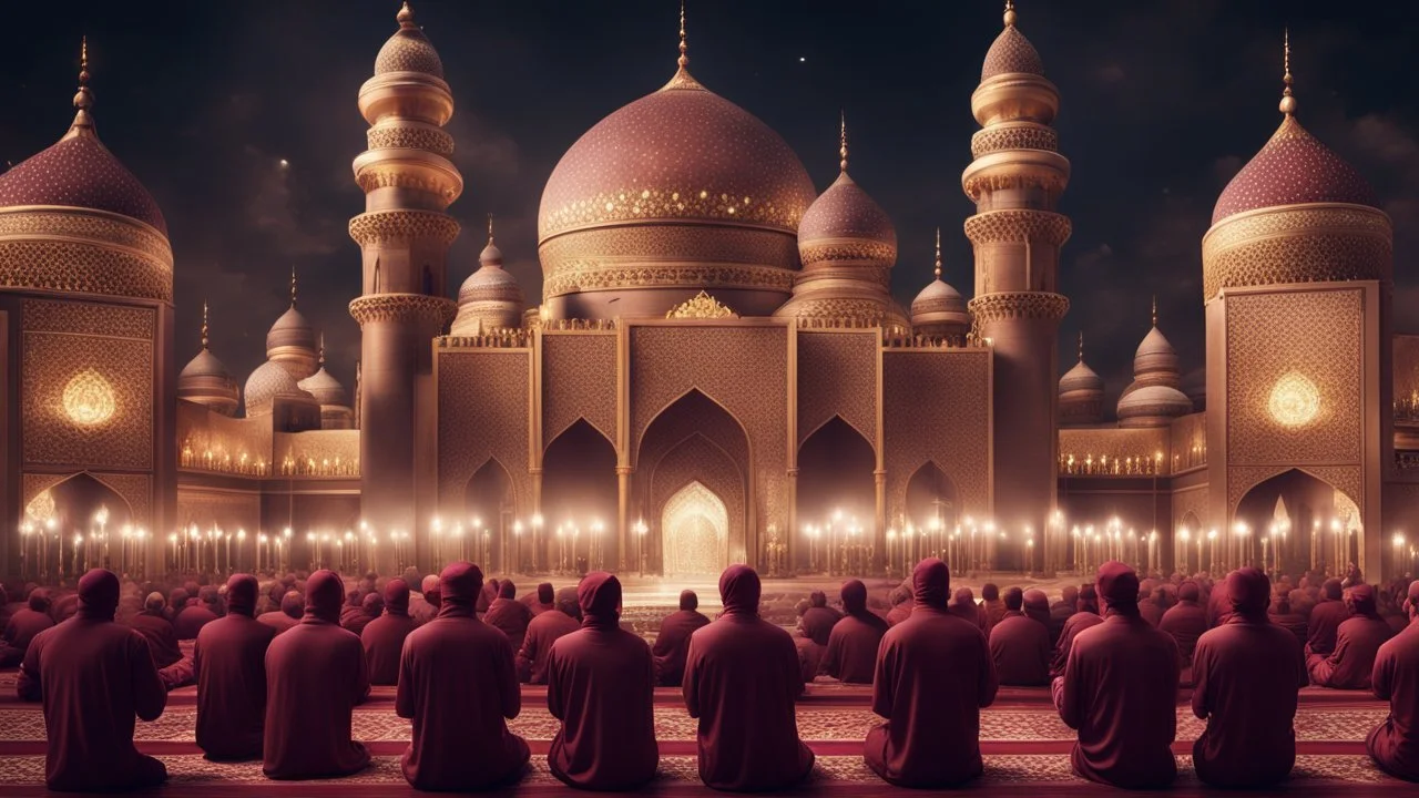 Hyper Realistic Photographic-View of lots of Muslim-Men praying inside a Massively-Huge-Beautifully-Crafted-Maroon-&-Golden Mosque with detailed-minarets & Ramadan-Light-Decorations-&-Lamps-&-a-water-fountain at beautiful-dark-night with dramatic-&-Cinematic-Ambiance