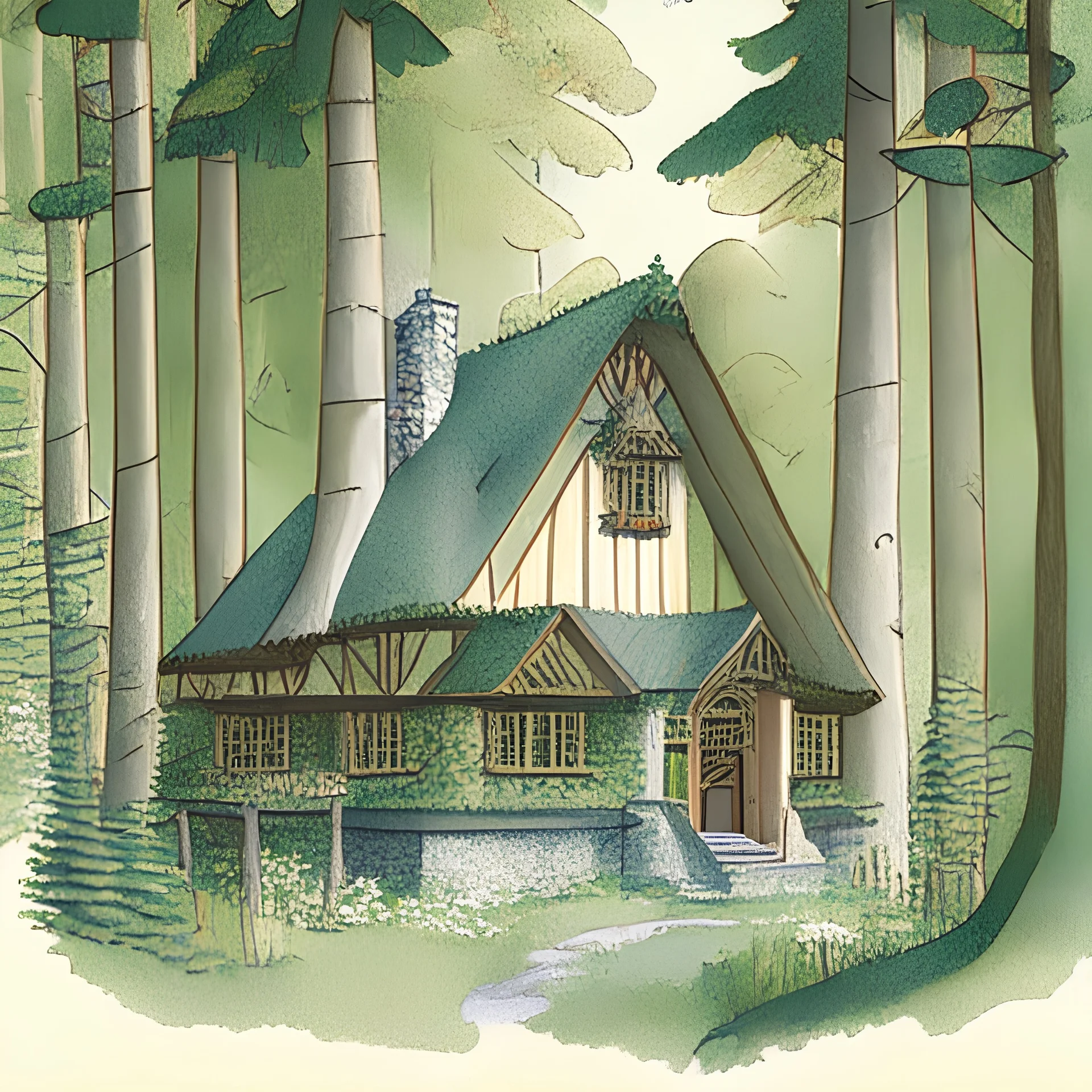 A color architecture drawing of a cottage in the woods