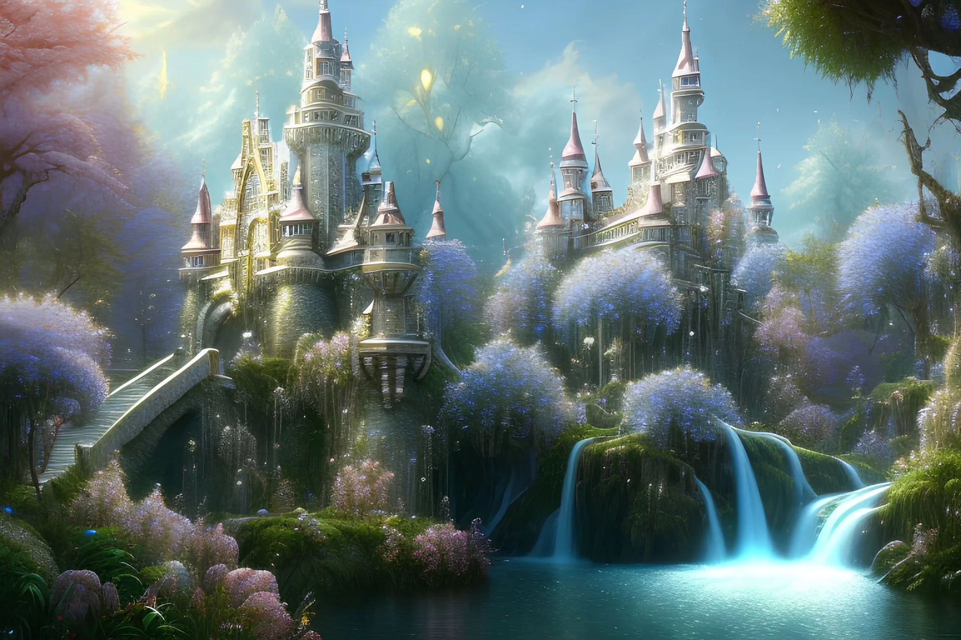 a fairy tale style, white gold castle，waterfall, flowering trees, full of details,real concept art, smooth, bright sunshine，soft light atmosphere, light effect，vaporwave colorful, artstation, concept art, smooth, extremely sharp detail, finely tuned detail, ultra high definition, 8 k, unreal engine 5, ultra sharp focus, magic ambient,