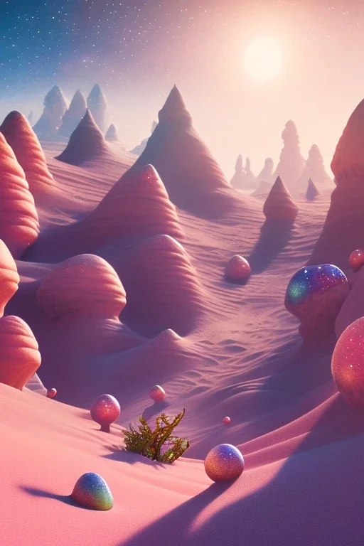 pink desert with multicolored crystals falling from the sky, cosmic and galactic ambiance, full of details, smooth, bright sunshine，soft light atmosphere, light effect，vaporwave colorful, concept art, smooth, extremely sharp detail, finely tuned detail, ultra high definition, 8 k, unreal engine 5, ultra sharp focus