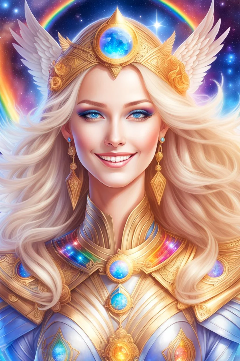 cosmic woman angels smile,admiral ufo high commander from the future, one fine whole face, crystalline skin, expressive blue eyes,rainbow, smiling lips, very nice smile, costume rainbow pleiadian, Beautiful tall woman pleiadian Galactic commander, ship, perfect datailed golden galactic suit, high rank, long blond hair, hand whit five perfect detailed finger, amazing big blue eyes, smilling mouth, high drfinition lips, cosmic happiness, bright colors rainbow, blue, pink, gold, jewels, realist,8k