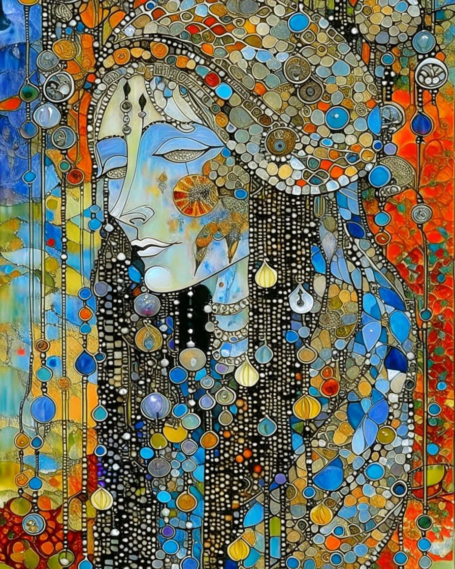 Mixed media painting "Hetairas in the autumn ". Acrylic, ink and sunken relief. Original oil painting by Margaret Macdonald Mackintosh. Style Edouard Vuillard. silver and full-colour illustration. Drifting, gouache with beads, sequins, and gold. in icy cool blues, aquas, warm siennas and ochres, Zentangle, Mosaik, patchwork