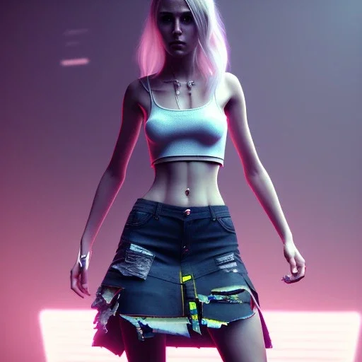 Emma Watts in skirt and ripped clothes cyberpunk unreal engine character very detailed cinematic view photo realistic