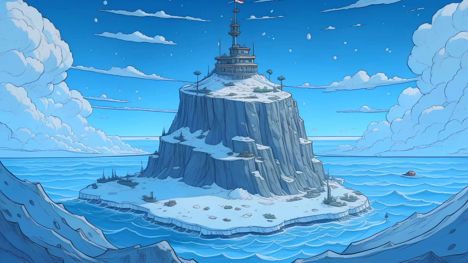 lonely snow island in icy sea drawn by studio ghibli