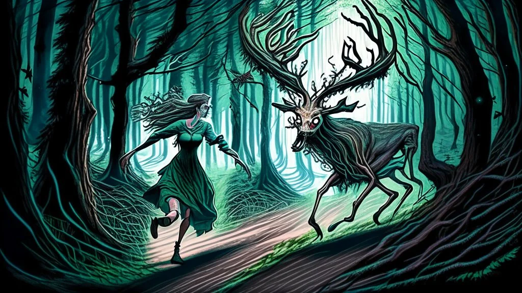 lovecraftian styled resurrected unhappy single deer chasing the older drunk human lady through the forest.