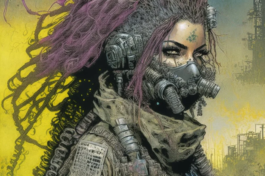 front facing full length portrait illustration of a grunge armored female with beaded dreadlock hair cyberpunk vampire mercenary with gas mask, telecommunications headset, and shemagh, highly detailed with gritty post apocalyptic textures, toxic irradiated landscape, finely detailed facial features and hair, in the graphic novel style of Bill Sienkiewicz,