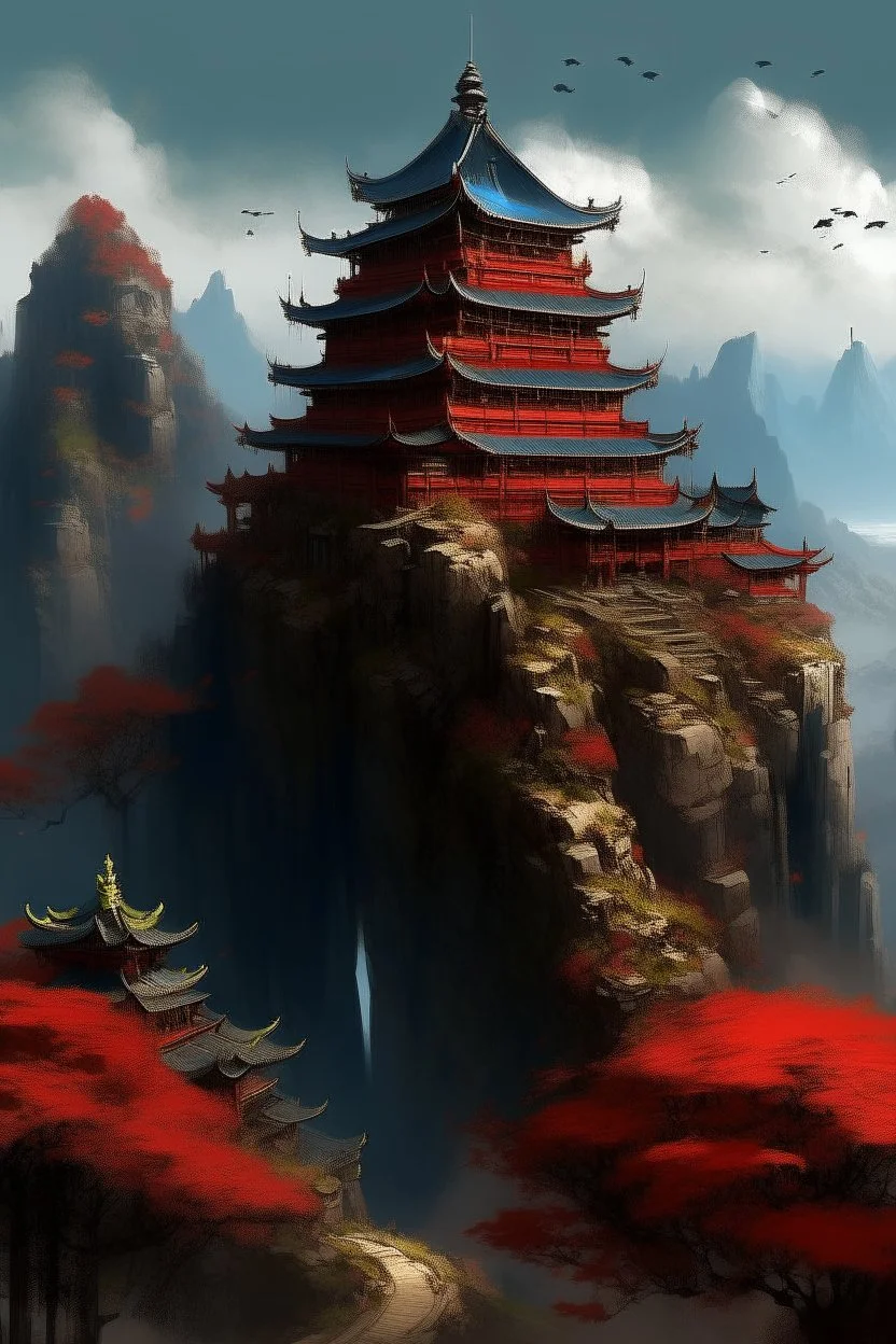 A dark red Eastern castle on the sky high mountain painted by Cai Jia