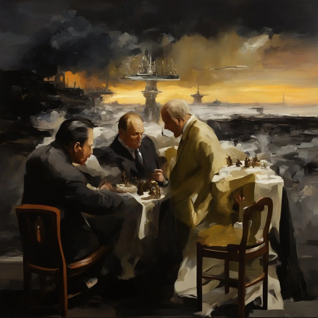 Putin, President Xi Of China And Joe Biden Play Chess With Atomic Bomb Mushroom Cloud,Complex Surgical Instruments Intermixed With A Newborn Boy,Minimalism,Painting By Adrian Ghenie,Rene Magritte,Pablo Picasso,Michelangelo,Salvador Dali,Lucian Freud