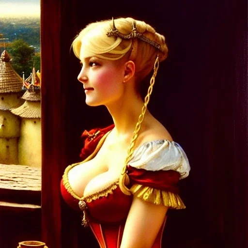 fullbody portrait 'beautiful blonde massiveboobs medieval wench on tavern in medieval city',corset,painting by gaston bussiere, greg rutkowski, yoji shinkawa, yoshitaka amano, tsutomu nihei, donato giancola, tim hildebrandt, oil on canvas, cinematic composition,sharp image, extreme detail,((fit full head inside picture)),32k