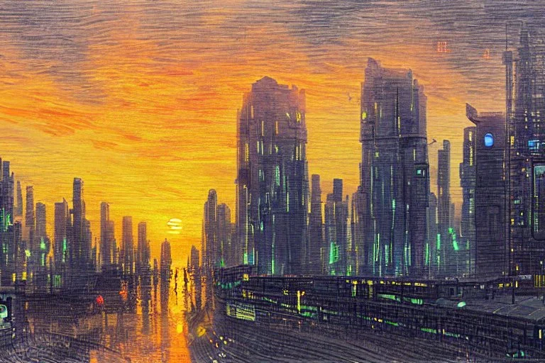 Sunset, cyberpunk buildings near trees, highway, people, sci-fi, concept art, tendency to impressionism, realistic painting