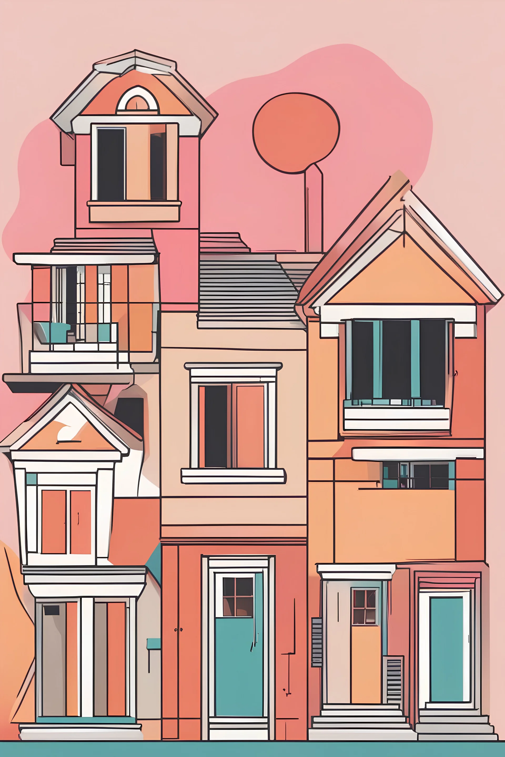 Minimalist illustration bohomein and line mixed art, front view, vibrant colour background