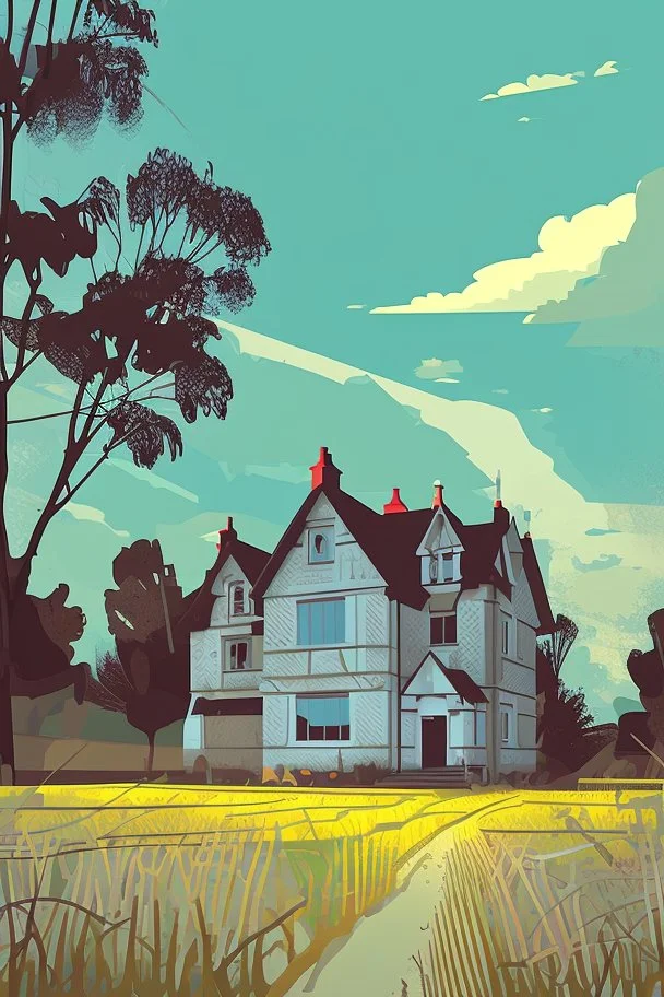 Disused, Victorian Manor House, Blue Sky, Over-Grown Fields, Vector Art