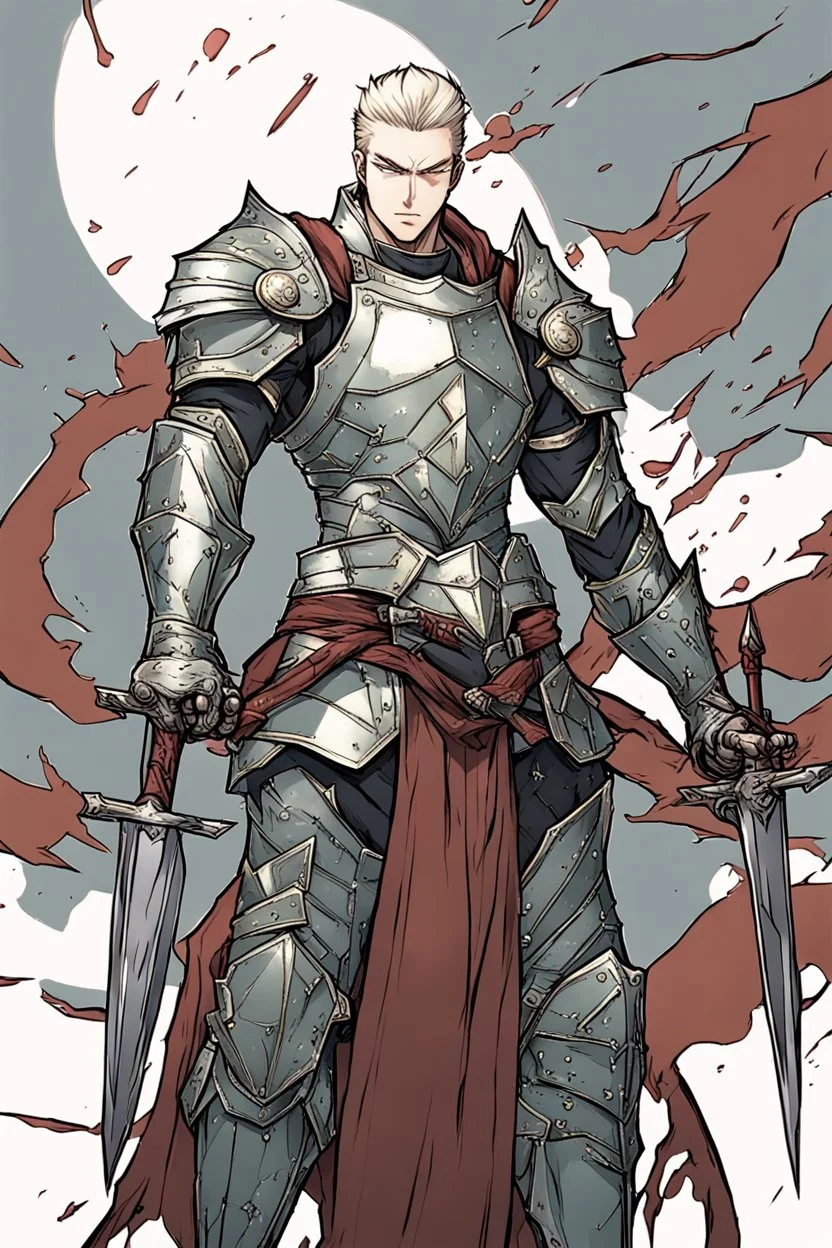 Armored Male Knight by manhwa or korean webtoon style there are lightning and blood spurts around the man, his face pointed at the camera, and with a serious look he lets his opponent know that it's his turn