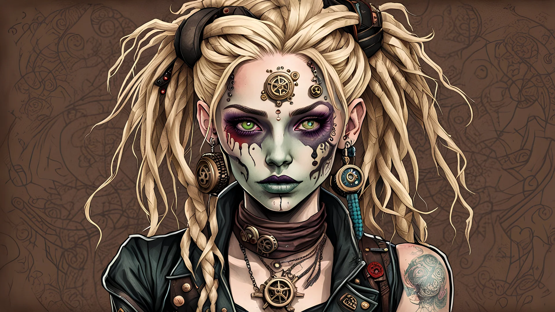 portrait photograph of cute zombie alien woman blonde hair dreads, steampunk, bits of color, hand drawn, dark, gritty, vibrant deep color, realistic sketch, Rough sketch, mix of bold dark lines and loose lines, bold lines, on tattered paper, 3d, popping out of paper, Full body, tattoos styled like runes, beautiful, steampunk leather clothing embroidered with silver runes, modest, leather silver rune embroidered boots, perfect features, (blueprint background), cyan eyes, purple hair dreads