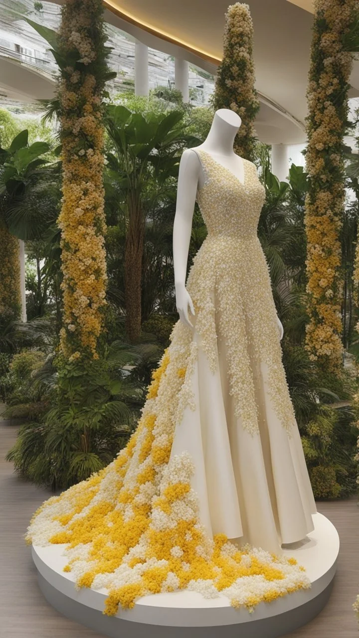 A mannequin wearing a dress, Philippines national custome dress inspired by jasmine flower, sampaguita, Philippines national flower, jasmine flower dress, jasmine flower, white jasmine flower, dress displayed on mannequin, beautiful, very beautiful dress, fantasy dress, magical dress, elegant, full body, full body frame, ultra realistic, aesthetic, yellow and white pastel color, sequins, bedding, made of crystal, sexy, magical, fantasy, ethereal, sparkly, glowing, glittery dress, artistic style