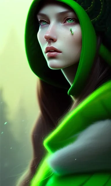 girl, cute, beautiful, long hair, wavy hair, green hair, blue eyes, green beanie, green coat, black tee shirt, head and shoulders portrait, 8k resolution concept art portrait by Greg Rutkowski, Artgerm, WLOP, Alphonse Mucha dynamic lighting