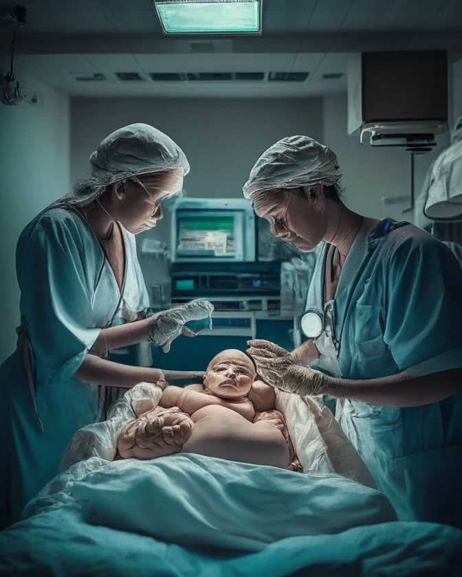 image of two doctors in a hospital surgical theatre holding a newborn baby