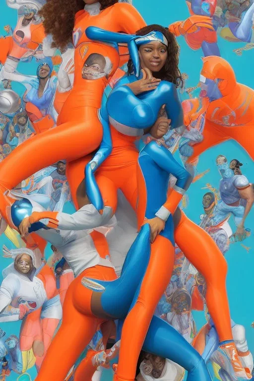 Miami Dolphins-themed beautiful perfect female superheroine orange and teal skin-tight costume CopticArt Afrofuturism Style of Elle Magazine Reisha Perlmutter Leng Jun Stan Lee Joseph Ducreux Kehinde Wiley Boris Vallejo Jeff Koons photorealistic portrait painting street art 64 megapixels Pixar, Disney 3d digital art, Maya 3D, ZBrush 3D shading dynamic lighting iridescent