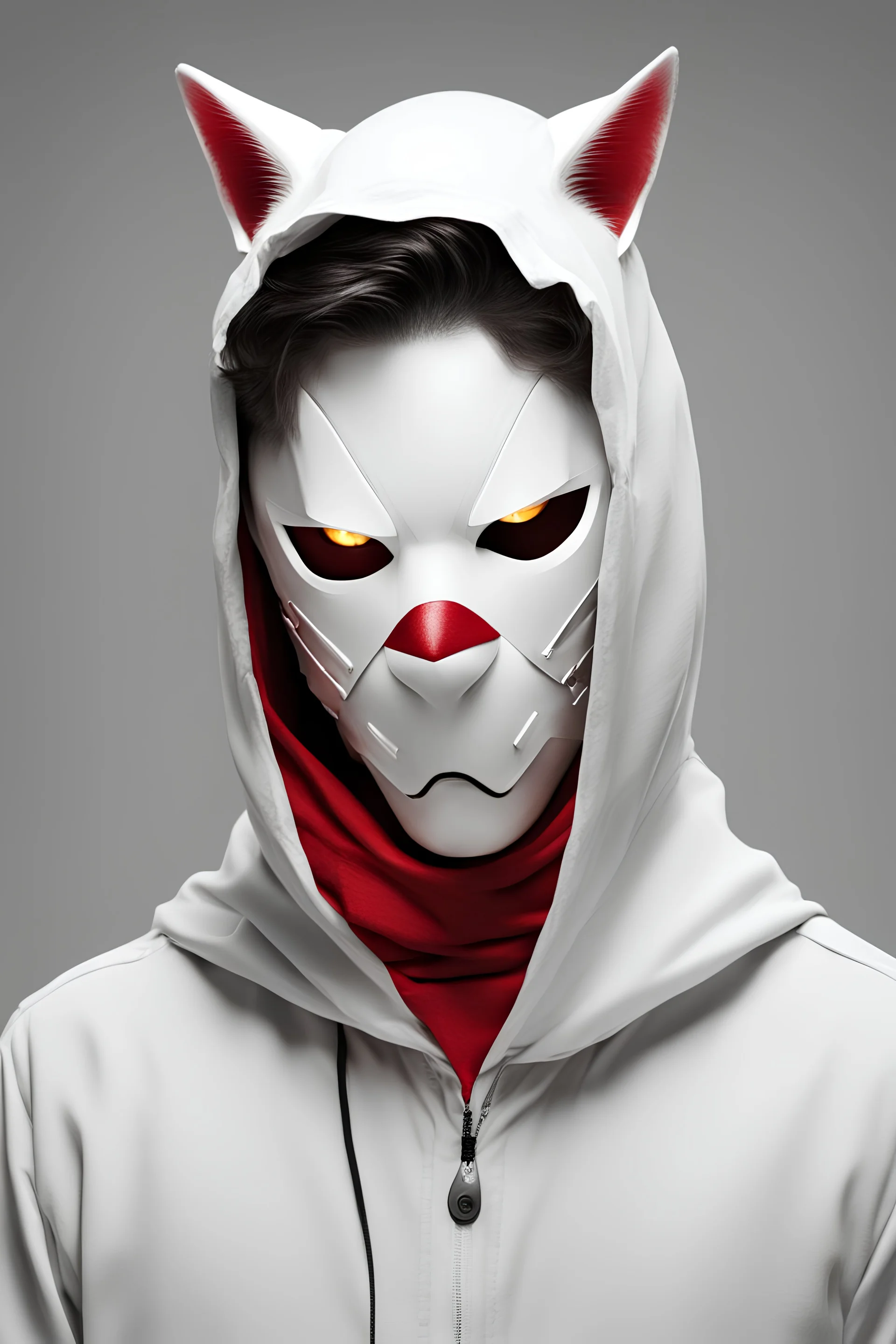 a young man with yellow eyes, he is wearing a white cat mask, he has a red hood over his head